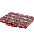 Packout Compatible 10 Compartment Tool Organizer Case with Removable Bins, red and clear plastic design, front view