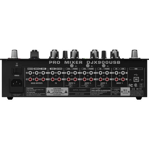 Rear view of DJX900USB 5 Channel DJ Mixer With Contact Free VCA Crossfader USB Audio Interface 24 Bit Effects showing input and output ports.