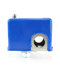 Front view of LF16 Water Pump Pressure Switch Adjustable 30 50 Psi for well and sump pumps with blue casing and metal fittings.
