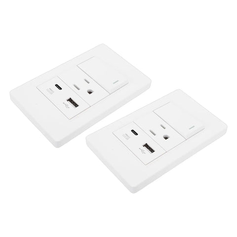Double Pack Wall Outlet Receptacle With Single Toggle Switch, 15 Amp Three Prong Ac Socket And Snazzy 10 Watt Usb C Charging Port, Nifty Room Upgrade For Your Home Or Office Space - two white wall outlets
