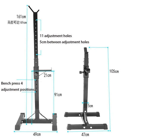Beefy Adjustable Squat Rack And Barbell Stand For Home Gym with height adjustment details and dimensions, heavy duty steel.