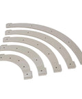 5 Piece Plastic Router Guide Set For Slick Rounded Edges Using Removable Jigs With R100 R150 R200 R250 R300 Sizes, plastic templates arranged.