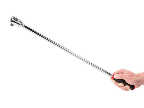 Half Inch Drive 24 Inch Quick Release Extra Long Ratchet With Comfort Grip 90 Tooth Gear held horizontally by hand
