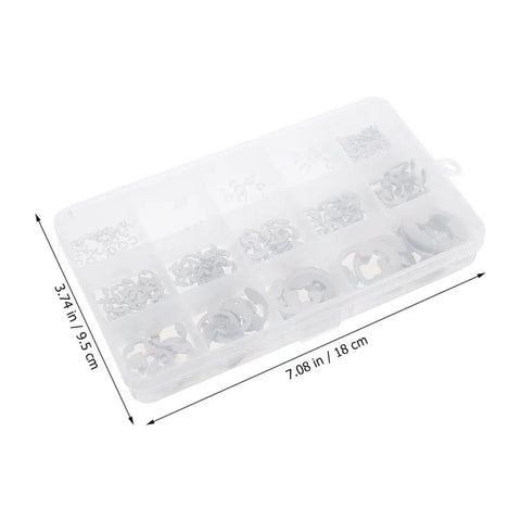 E Shaped Retaining Ring Kit 1.5 To 15mm In Box Stainless Steel Assortment For Shafts Machinery And DIY Projects A Handy Metal Clip Ring Set For Quick Secure Fits, plastic box with stainless rings