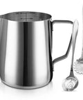 12 Oz Milk Frothing Pitcher Cup For Home Baristas, 350ml Stainless Steel Steaming Pitcher With Mirror Finish, shown with two flower spoons