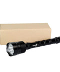High Power 2500 Lumen USB Rechargeable LED Flashlight With Memory Strobe IP68 Waterproof EDC Torch beside packaging box
