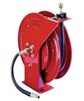 Professional Grade Def Hose Reel With Half Inch By Fifty Foot Retractable Line For Trucks And Fleets, red metal frame with hose.