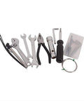 12 Piece All In One Universal Compact Repair Tool Kit for Metric Japanese Motorcycles UTVs ATVs with various tools displayed.