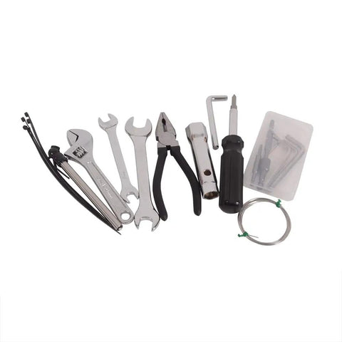 12 Piece All In One Universal Compact Repair Tool Kit for Metric Japanese Motorcycles UTVs ATVs with various tools displayed.