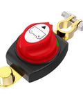 Battery Disconnect Switch 275A Continuous Heavy Duty On Off Kill Switch For Car Truck RV Boat 12-48V Quick Disconnect Negative Battery Safety Switch With 2x3 8 Inch Studs, red and gold, side view.