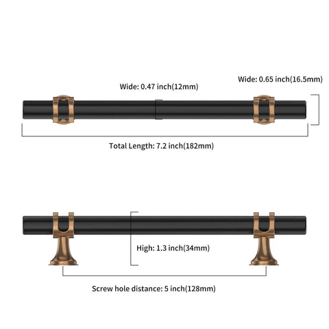 Diagram of 10 Pack 5 Inch Matte Black and Champagne Bronze Cabinet Handles for Kitchen Cabinets showing dimensions and details