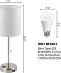 Set Of 2 Bedside Table Lamps For Bedroom And Living Room With 3 Color Temperature Settings USB Charging Port And AC Outlet Pull Chain White Shade Includes 2 Bulbs For Cozy Vibes, lamp size and bulb details shown