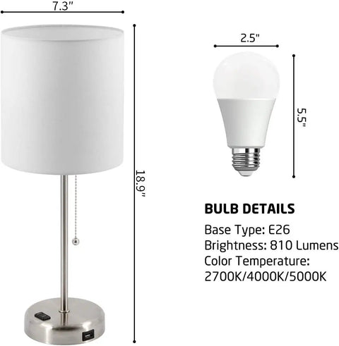 Set Of 2 Bedside Table Lamps For Bedroom And Living Room With 3 Color Temperature Settings USB Charging Port And AC Outlet Pull Chain White Shade Includes 2 Bulbs For Cozy Vibes, lamp size and bulb details shown