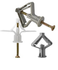 Heavy Duty Self Drilling Anchor Screws Set 20 40 60 80 Pcs Plastic Expansion Drywall Anchors For Quick Shelf Mounts And Wall Cabinet Installations Without Pre Drilling High Holding Power For Wood Concrete Plaster Substrates; close-up of multiple screws in plastic anchors.