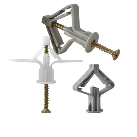 Heavy Duty Self Drilling Anchor Screws Set 20 40 60 80 Pcs Plastic Expansion Drywall Anchors For Quick Shelf Mounts And Wall Cabinet Installations Without Pre Drilling High Holding Power For Wood Concrete Plaster Substrates; close-up of multiple screws in plastic anchors.