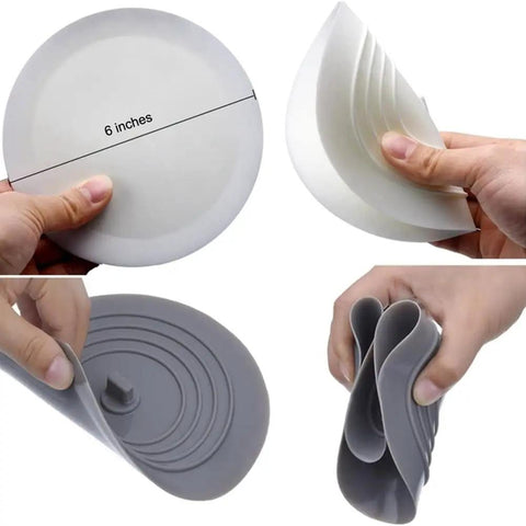TKOWTB Bathtub Drain Stopper Silicone Drain Plug with Strong Suction Seal, 6-inch round design, flexible silicone material, shows suction capability.