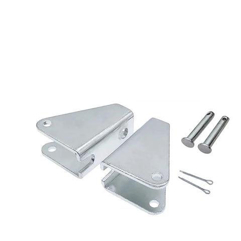 Two silver metal U-shaped brackets with mounting holes for linear actuators, plus two bolts and cotter pins.