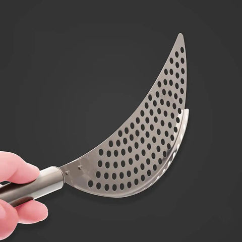 2 Pack Stainless Steel Pot Strainer Set With Safe Handles For Hands Free Drainage, crescent shape close-up against dark background.