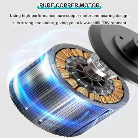 Close-up of pure copper motor showcasing strong design and silent operation for the Sleek Matte Black Indoor Ceiling Fan.