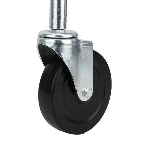 5 Inch Spring Loaded Rubber Door Wheel Caster Built Like A Tank For Zero Hassle Rolling On Rough Outdoors, black rubber wheel close-up.