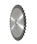 Heavy Duty 10-25 Teeth Process Hole Sprocket With Roller Chain Drive For Industrial Gear Systems Featuring 15.875mm Pitch And Solid A3 Steel Build In 16 Tooth Count With 12mm Bore from side angle.