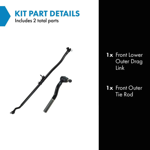 Front Outer Tie Rod And Drag Link Replacement Kit 2 Piece For A Safer Smoother Steer And Wheel Alignment DIY Friendly Your Ride Will Thank You Includes Front Lower Outer Drag Link And Outer Tie Rod, two black steering parts