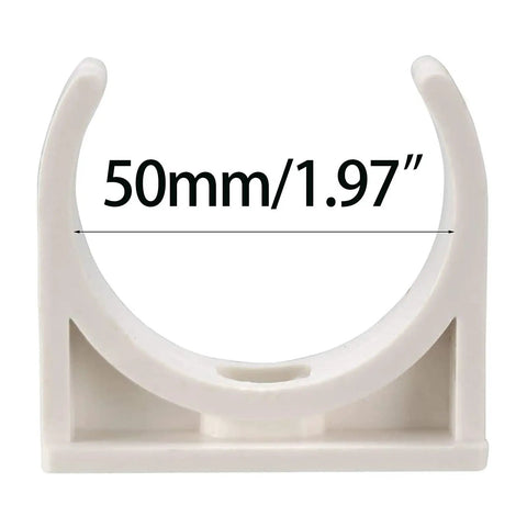 U Shaped PVC Pipe Clamps 50mm 2 Inch White pipe clip close-up front view showing size measurement for securing tubing