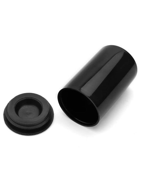 Film Canisters With Lids 50 Pack 8 Oz Plastic Camera Reel Containers showing open black canister and lid