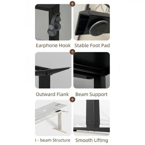 Features of Fly Electric Height Adjustable L Shaped Standing Desk: earphone hook, stable foot pad, beam support, I-beam structure.