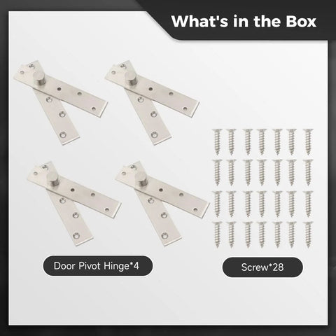 Box contents of Slick Hidden Bookcase Pivot Door Hinges Set Stainless Steel Heavy Duty 360 Degree Shaft System With Screws.