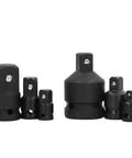 Top Grade 6 Piece Impact Socket Adapter Kit Forged From Chrome Tungsten Steel With Heavy Duty Storage Box Fits 1 4 Inch, 3 8 Inch, 1 2 Inch And 3 4 Inch Drives Perfect Gear For Home Garage Pros Who Need Serious Grit And Reliable Muscle. six black impact socket adapters shown in different drive sizes