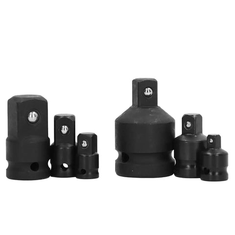 Top Grade 6 Piece Impact Socket Adapter Kit Forged From Chrome Tungsten Steel With Heavy Duty Storage Box Fits 1 4 Inch, 3 8 Inch, 1 2 Inch And 3 4 Inch Drives Perfect Gear For Home Garage Pros Who Need Serious Grit And Reliable Muscle. six black impact socket adapters shown in different drive sizes
