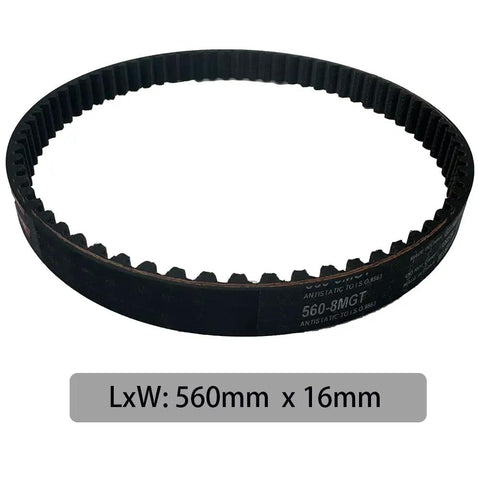 Upgraded Primary Drive Belt PowerGrip GT4 For Sur Ron Light Bee X Segway X260 And X160 Talaria X3 Dirt Bike Gates 16mm Width 560mm Length High Performance Belt For Smooth Power Delivery shown in circle form with dimensions.