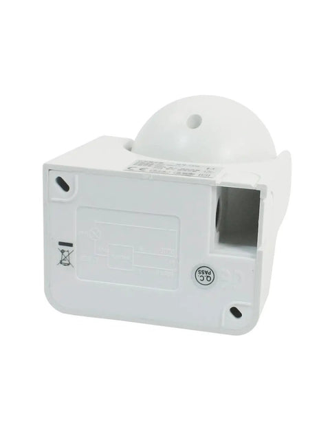Infrared Motion Sensor Switch For 220V AC, 12 Meter Rotary Head, Easy Install, Detects Motion Up To 12M, Adjustable 5 Seconds To 8 Minutes Delay, 300W Resistive Or 1200W Inductive Load, Ambient Light 10 To 2000 Lux, Plastic Housing, white plastic back view