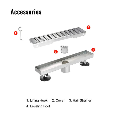 Accessories for 12 Inch Linear Shower Drain with Removable Square Panel, AISI 304 Stainless Steel, includes hair strainer and lifting hook.