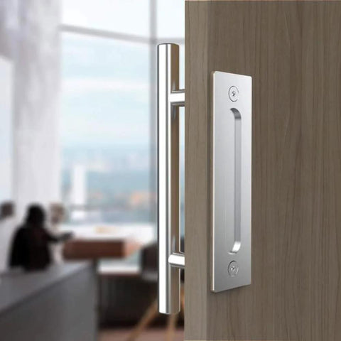 Installed 10 Inch Stainless Steel Sliding Barn Door Handles And Flush Pulls Set Double Sided Anti Rust Brushed Finish