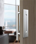 12 Inch Stainless Steel Sliding Barn Door Handle Set With Flush Hardware, Double Sided, installed on wooden door