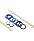 Top-down view of Rotary Lift hydraulic cylinder seal kit: blue and black O-rings with two beige wooden bars.