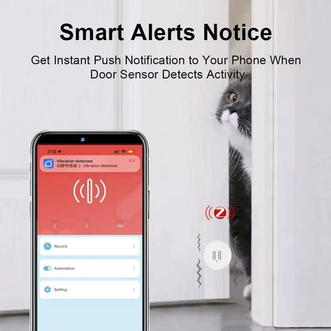 Smart Vibration And Tilt Alarm Sensor Delivers Real Time Alerts To Your Phone Home Assistant And Zigbee2MQTT Compatible Ultra Sensitive Motion Sensing For Instant Security Monitoring. phone alert on door vibration with cat peeking through door
