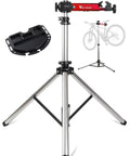 Bike Repair Stand With 360 Degree Swivel Clamp Adjustable Foldable Work Stand Lightweight Aluminum Floor Station 85 lbs max capacity with tripod base and quick release, ideal for DIY home mechanics.
