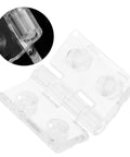 Close-up of clear acrylic cabinet hinge with pre-drilled holes, frosted, small decorative box hinge for easy installation.