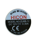 Label for Ning Bo HICON model ZLWB-12, indicating DC 12V and 0.30A specifications, suitable for electric components.