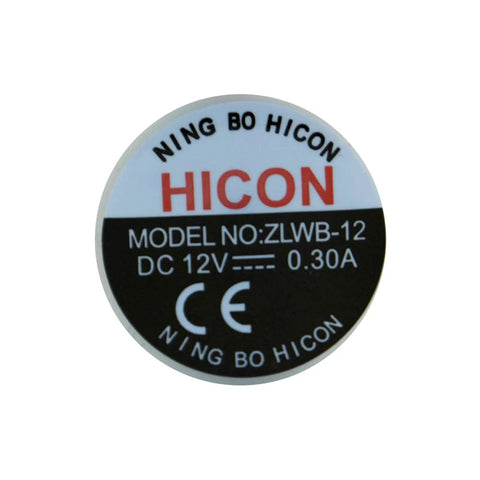 Label for Ning Bo HICON model ZLWB-12, indicating DC 12V and 0.30A specifications, suitable for electric components.