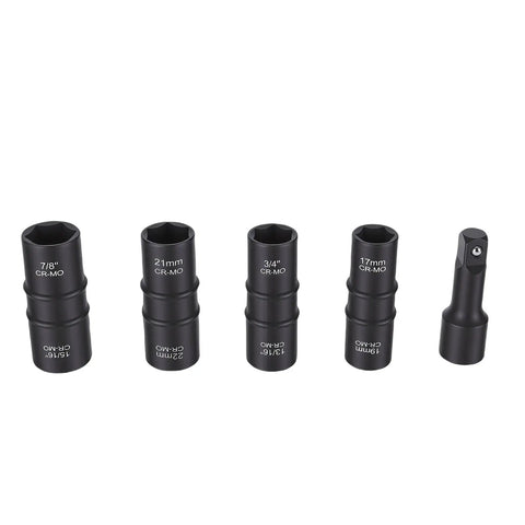 Set of five CrMo steel lug nut sockets with dual heads for tight spaces, labeled by size, part of Dual Head Lug Nut Socket Set In CrMo Steel