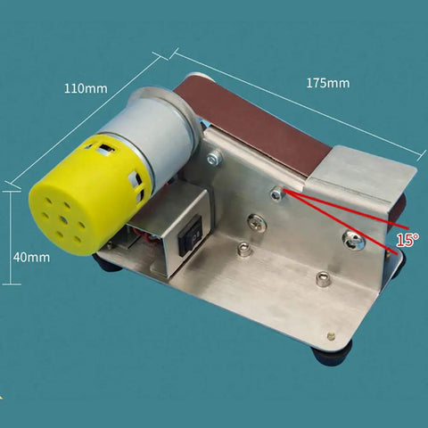 Knockout Mini Belt Sander And Slick Dual Voltage Polisher With Tough Fixed Angle Grinding Wheel, dimensions and motor detail.