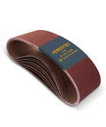 3 By 21 Inch Sanding Belts 10 Pack 80 Grit Aluminum Oxide Sandpaper For Belt Sander Woodworking DIYers Metalworking Paint Prep Rust Removal And Polishing For Home And Workshop Use, showing neatly stacked sanding belts with label.