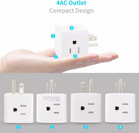 Four Way Wall Tap Outlet Extender For Home Office And Kitchen 4 Grounded AC Outlets Power Strip 120V 15A in hand view