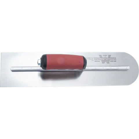 Rounded Front Finishing Trowel With Dual Edge Design For Smooth Concrete, 16 x 4 Inch Steel Blade, angled view on flat surface