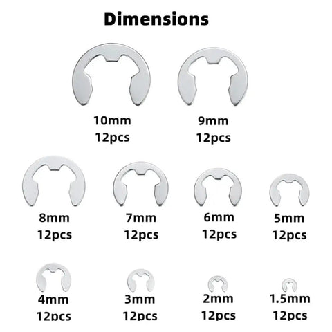 120Piece Metal E Clip Assortment Kit With Durable E Retaining Rings In Sizes From 1.5Mm To 10Mm displayed by dimensions
