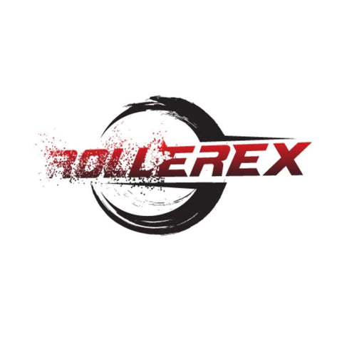 Rollerex brand logo with red text over a black circular brush stroke